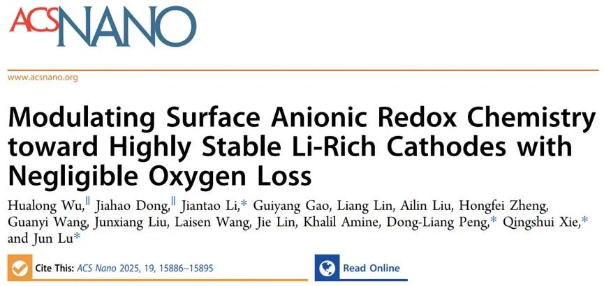 Modulating surface anionic redox chemistry toward highly stable Li-rich cathodes with negligible oxygen loss — Xiamen University, Zhejiang University, Argonne National Laboratory research in ACS Nano