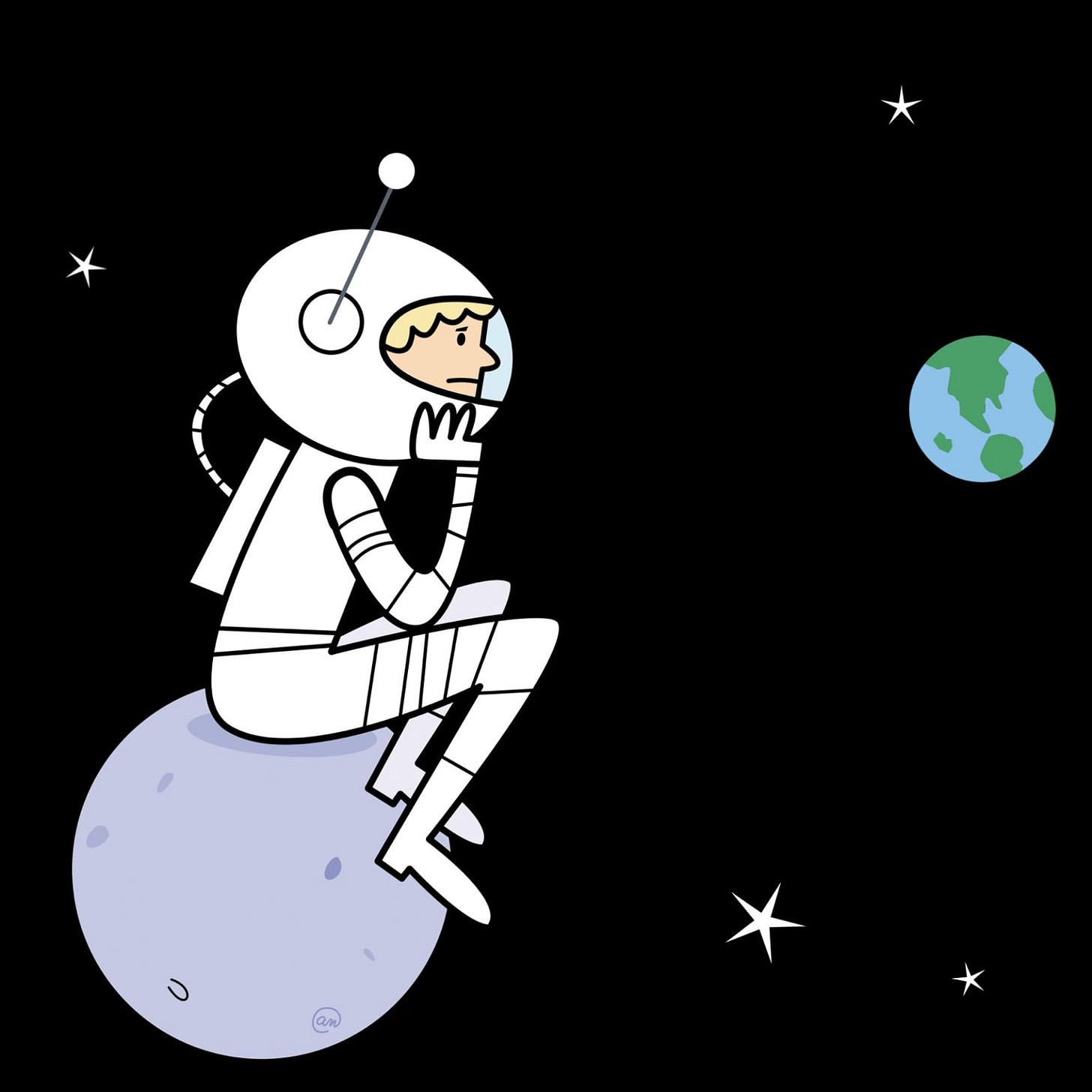 a cartoon illustration of an astronaut sitting on a small moon staring at the Earth