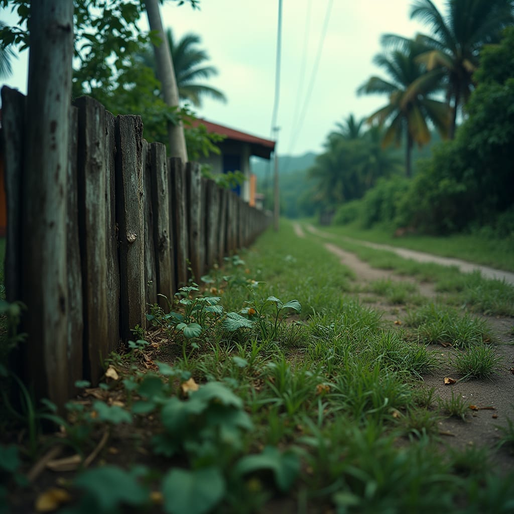 A stunning cinematic film still of a dramatic scene in Jamaica, where encroachment has led to a clash of property and power, with a worn, weathered wooden fence line creeping onto a neighbor's lush, vibrant tropical landscape