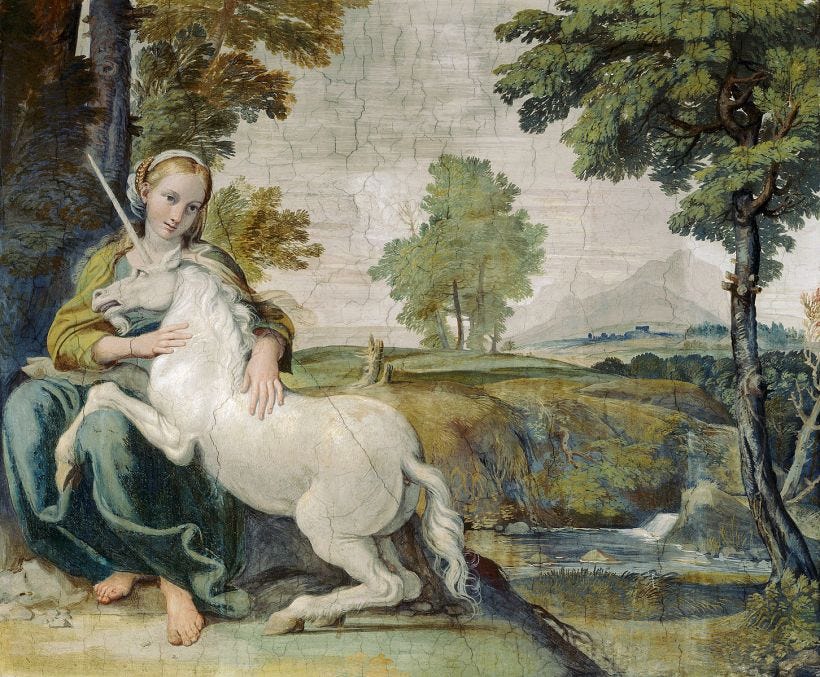 A Virgin with a Unicorn: Domenichino. via Wikimedia Commons. Public Domain. A Virgin with a Unicorn: Domenichino. via Wikimedia Commons. Public Domain.