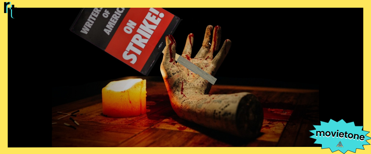 A header that depicts the embalmed hand from the movie Talk to Me holding a WGA strike sign amidst the darkness.
