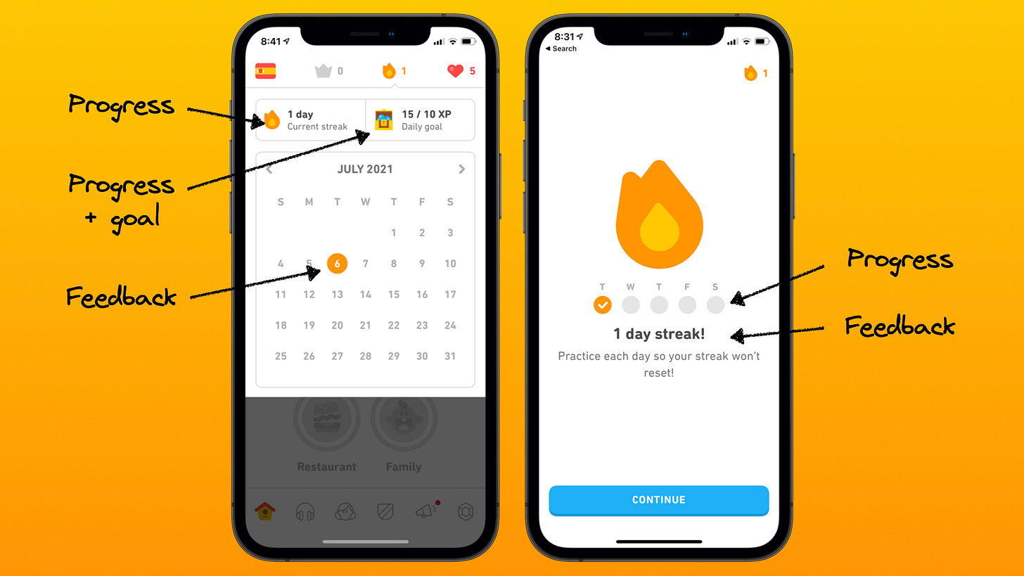 A screenshot of Duolingo and how it supports progress, feedback and goals in its streak design