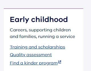 Screen showing the early childhood service options.