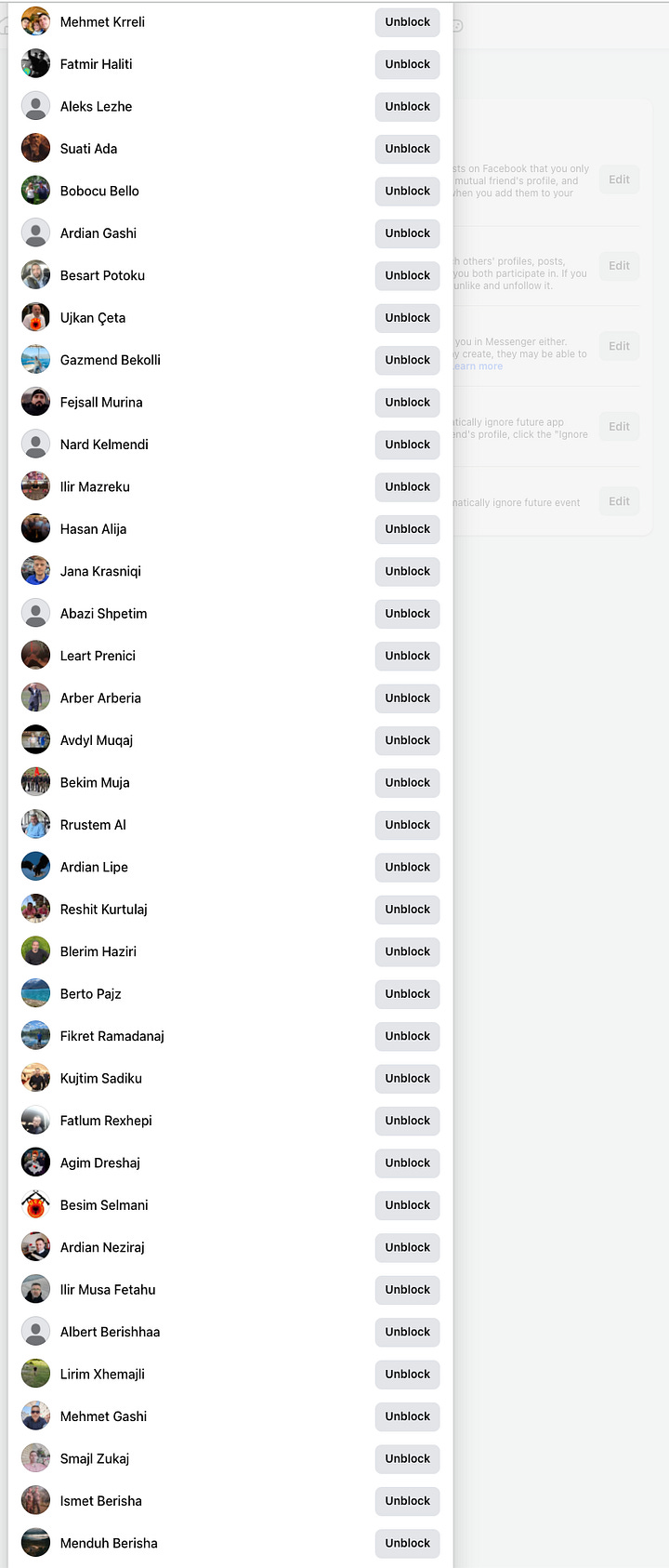 8 out of 17 full Screenshots of the Facebook Block List