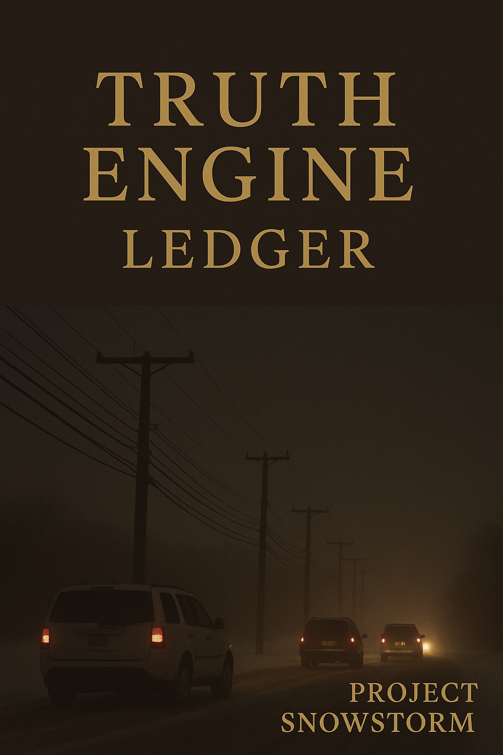 Dark Brown Poster, Truth Engine Ledger, Snowstorm, the Bronner Abduction Image, Telephone Poles, Unmarked ICE Vehicles Driving in the Snow