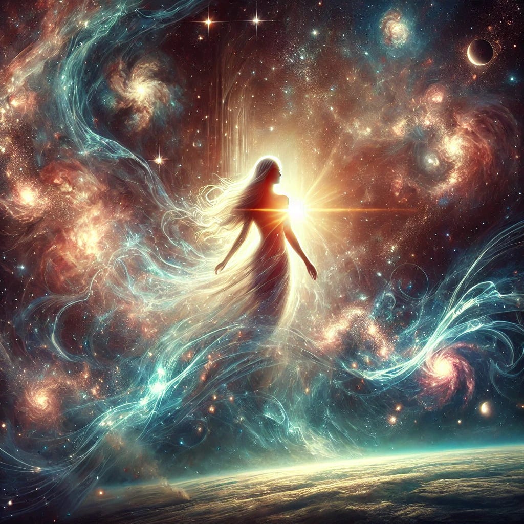 A mystical cosmic scene where a luminous feminine figure stands at the threshold of existence, surrounded by swirling galaxies, glowing nebulas, and infinite stars. She is radiant, infused with stardust, and appears to be a bridge between the celestial and the earthly. Ethereal light weaves through her, connecting her to the universe. The sky hums with cosmic energy, and a distant star sends a beam of light directly to her. The atmosphere is both vast and intimate, filled with wonder and the whispers of the cosmos.