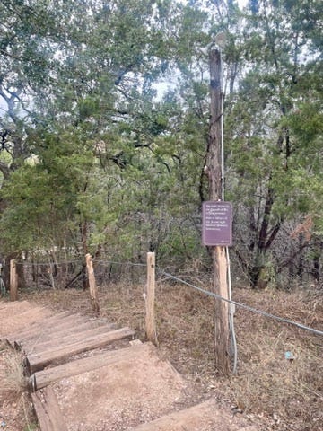 A photo of one of the friendly donkeys I met on my walk. The trail photos show the scriptures posted on the trees and the challenging steps that give me a great workout.