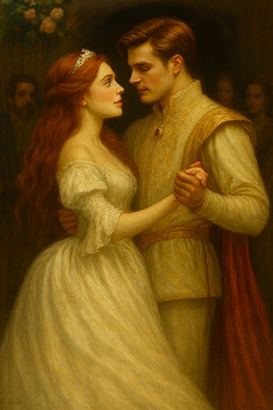 A symbolic and safe depiction of Tatyana at Castle Ravenloft, standing at the edge of a mist-covered balcony at twilight. Her red hair flows in the wind, and she wears a pale gown that glows softly in the fading light. Instead of falling, she is surrounded by swirling mist that rises gently around her, as if the fog itself is lifting her into memory. Her expression is serene, eyes closed, arms slightly outstretched. The scene is ethereal, poetic, and emotionally charged, evoking transition and longing without danger.