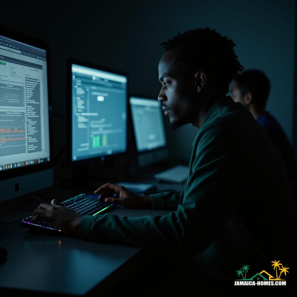 Jamaican data analyst, focused on computer screens, in a dimly lit room, cinematic film still