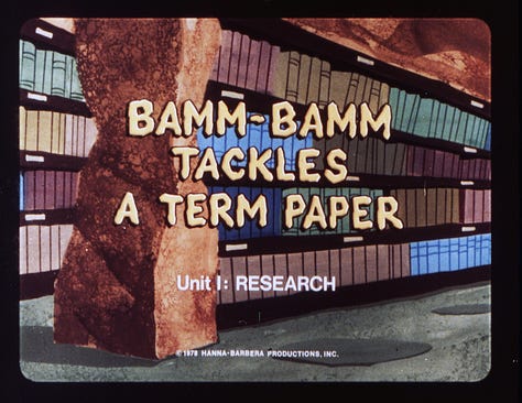 Opening slides of several educational filmstrips. Yogi Bear in "Play it Safe," The Flintstones in "A Weighty Problem," "Bamm-Bamm Tackles a Term Paper," The Jetsons "Down to Earth Nutrition," The Flintstones "Driving Guide," Jabberjaw in "The Silent Hunters," "Around the World Kids Visit Saitama, Japan," Scooby Doo in "Let's Go to Press Part II: News Reporting"