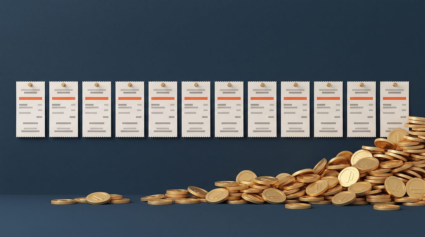Twelve receipts in a row above a growing pile of coins Twelve receipts in a row above a growing pile of coins