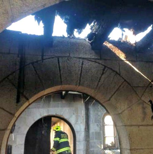 Devastation from an arson attack on the Catholic Church of the Multiplication in Tabgha, Israel, suspected to have been carried out by Jewish extremists.