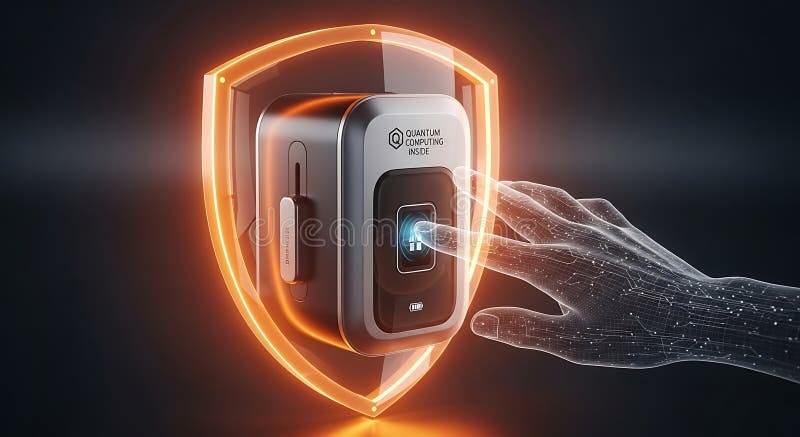 Quantum computing security device uses advanced biometric authentication protected by an glowing shield. Advanced quantum computing hardware utilizes glowing biometric fingerprint authentication, enveloped by a protective shield, signifying next-generation digital security and access control technology in a dark environment. Quantum computing security device uses advanced biometric authentication protected by an glowing shield. Advanced quantum computing hardware utilizes glowing biometric fingerprint authentication, enveloped by a protective shield, signifying next-generation digital security and access control technology in a dark environment.