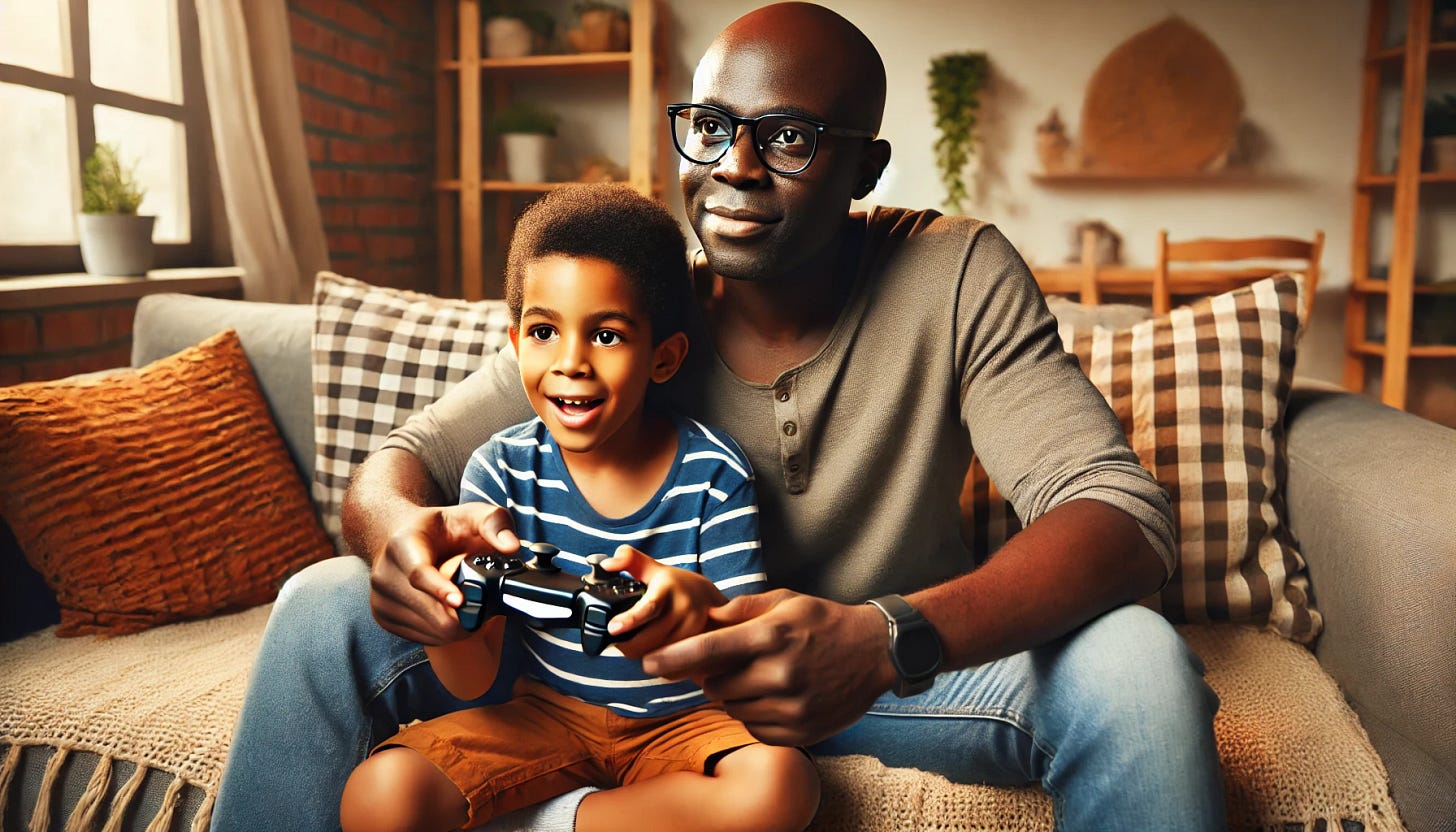 An African father, bald and wearing glasses, sitting with his young son, around seven years old, on a cozy living room couch, playing video games together. The father, who was previously skeptical, now looks engaged and amused, while the son is excited and focused. The scene is warm and joyful, with a soft glow from the TV screen illuminating their faces, showing a bonding moment over gaming.