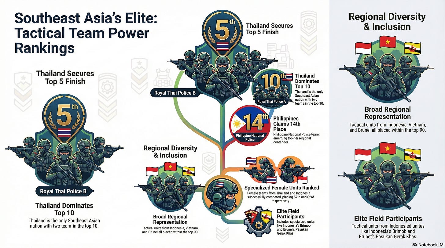 An illustrated infographic titled "Southeast Asia's Elite: Tactical Team Power Rankings," presented on a white background with decorative background seals, summarizes regional performance in a global security competition. The graphic is organized into multiple circular and branching segments featuring illustrations of fully geared operators with rifles. An illustrated infographic titled "Southeast Asia's Elite: Tactical Team Power Rankings," presented on a white background with decorative background seals, summarizes regional performance in a global security competition. The graphic is organized into multiple circular and branching segments featuring illustrations of fully geared operators with rifles.