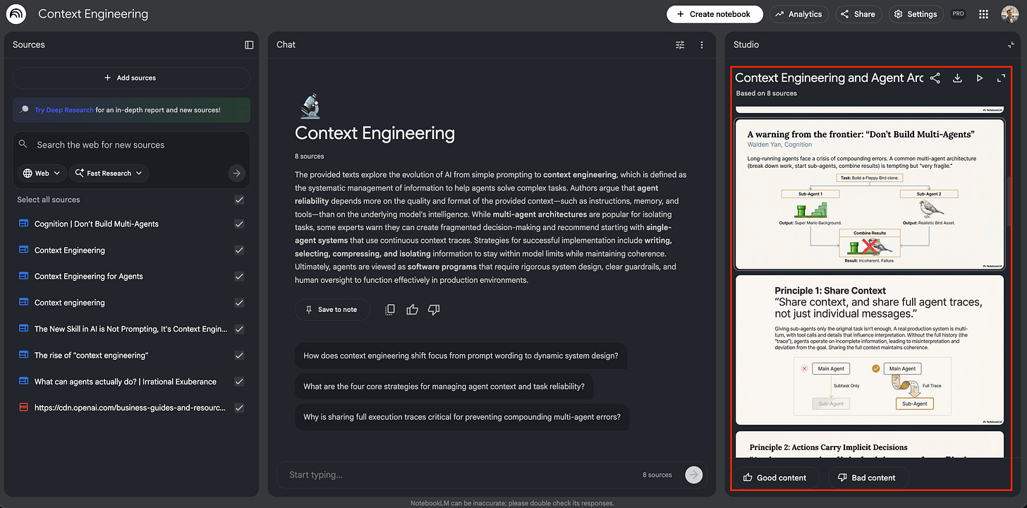 Screenshot of the NotebookLM interface displaying the generated slide deck in the right panel, showing specific slides with diagrams and text about context engineering.