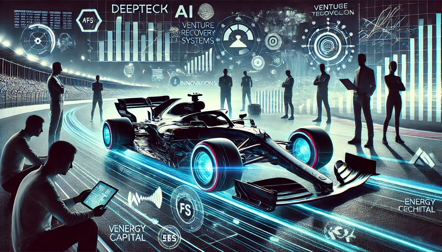 A high-tech Formula 1 car on a futuristic race track, surrounded by holographic financial charts, venture capital symbols, and investment icons. The scene illustrates deeptech innovations such as AI-driven aerodynamics, energy recovery systems, and lightweight composites. In the background, silhouettes of investors analyzing data on digital screens represent the concept of investing in cutting-edge technology before it becomes mainstream. The atmosphere conveys speed, precision, and high-stakes financial opportunity.