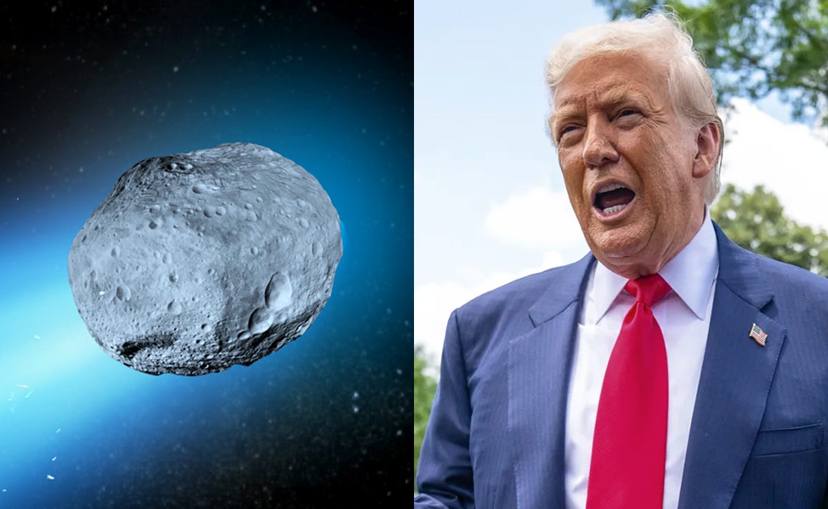 A split image of a giant comet in space and Donald Trump speaking loudly.