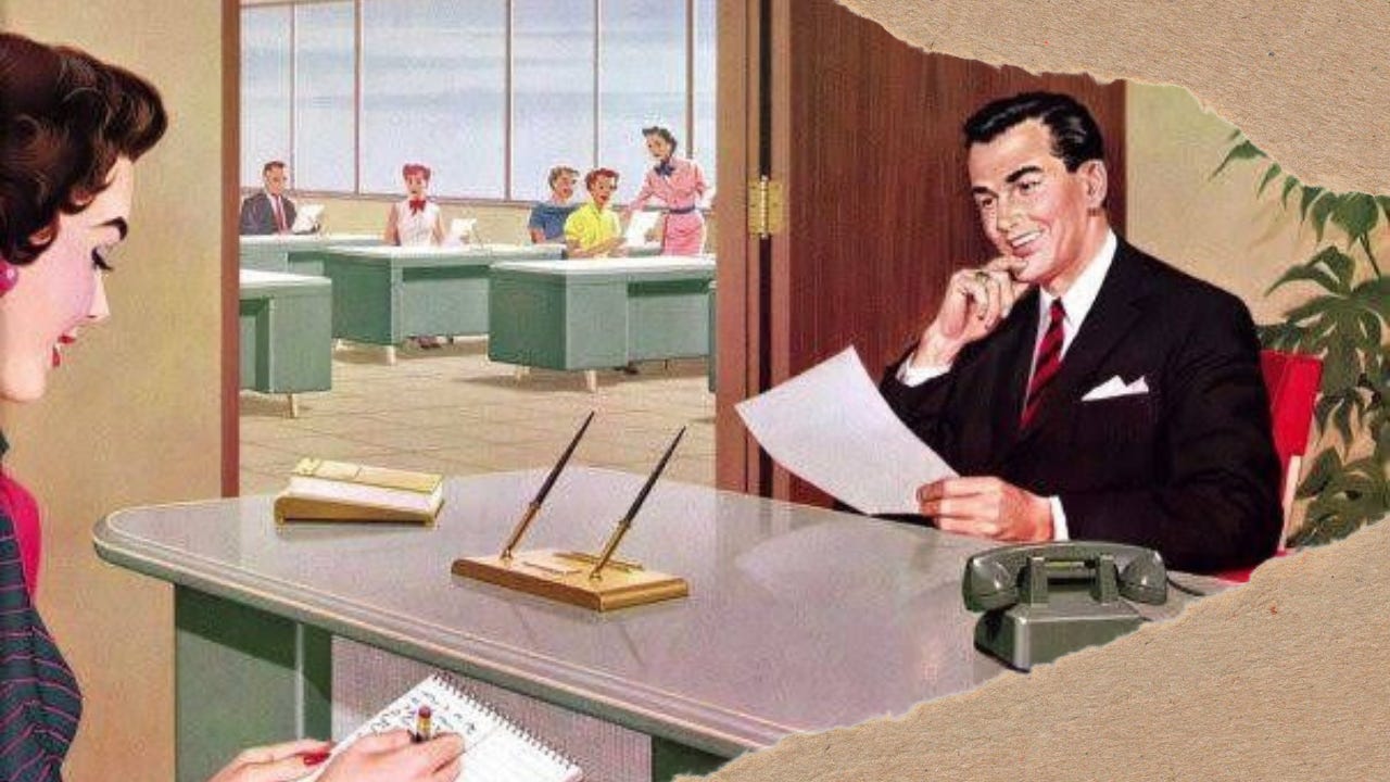 A retro-style illustration of a mid-century office. In the foreground, a woman sits at a desk taking notes while a man in a dark suit and red tie smiles behind his own desk, holding a sheet of paper. Behind him, a group of women in colorful dresses work at green desks in a bright office with large windows. The scene has a vintage, 1950s corporate feel, highlighting gender roles in the workplace.