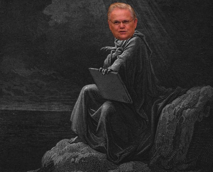 Photo illustration of John Hagee's head on the body of John on the Island of Patmos, as depicted in Gustave Dore's etching. Photo illustration of John Hagee's head on the body of John on the Island of Patmos, as depicted in Gustave Dore's etching.