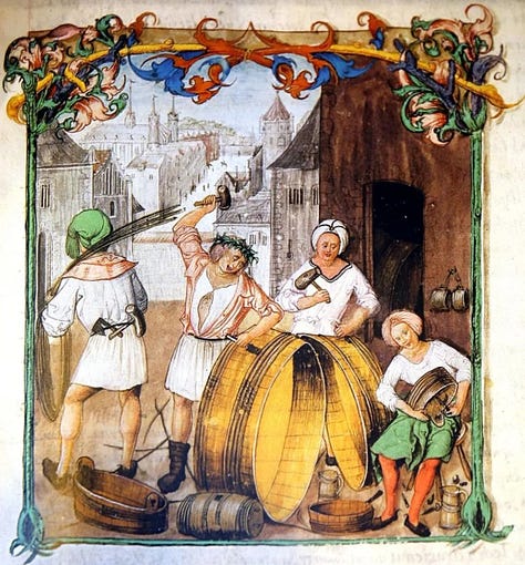 Medieval illustrations showing women participating in skilled craft production and household industries before industrialization.