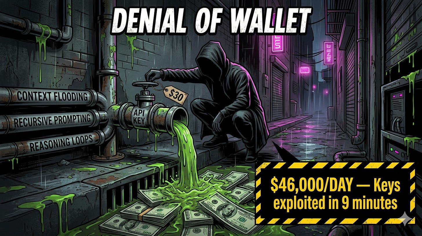 Denial of wallet LLM attack comparison showing traditional DoS downtime versus unbounded consumption cloud cost explosion