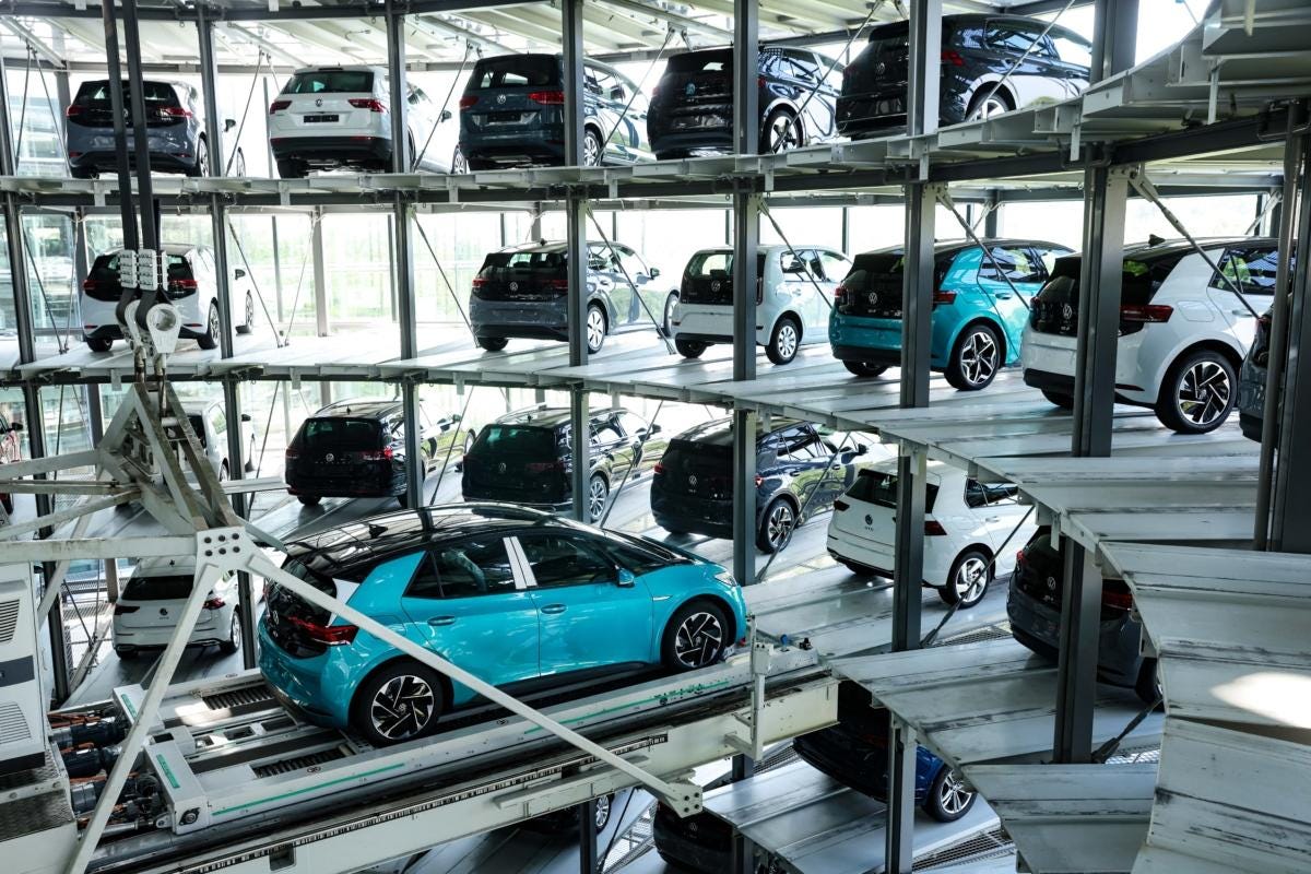 Volkswagen electric cars are parked in a storage tower in Dresden, Germany, on June 8, 2021. (Sean Gallup/Getty Images) Volkswagen electric cars are parked in a storage tower in Dresden, Germany, on June 8, 2021. (Sean Gallup/Getty Images)