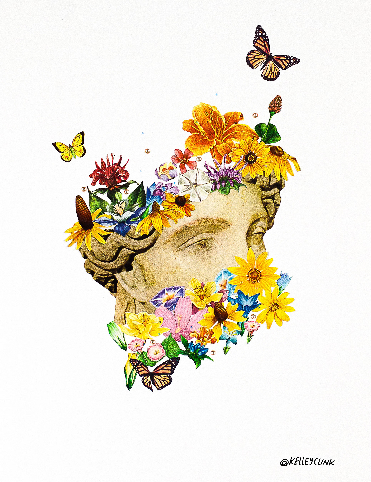 a collage. the central image is the upper portion of the face of an old statue with a blank stare. above and below are a riot of flowers, with pearls and specks of glitter, and a few butterflies.