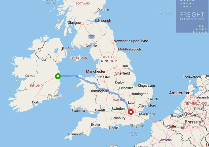 Route between Dublin and London, simulated in Trimble Maps Route between Dublin and London, simulated in Trimble Maps