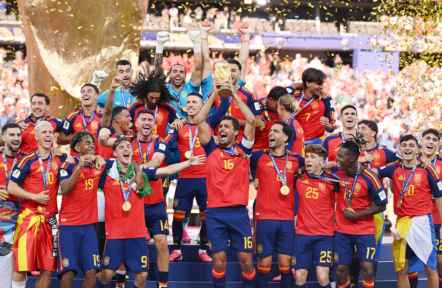 Rodri, #16 of Spain, lifts the FIFA World Cup Winner's Trophy after the team's 1-0 victory over Argentina in the final at MetLife Stadium in East Rutherford, N.J. on Sunday. It was Spain's second World Cup title. (Getty Images) Rodri, #16 of Spain, lifts the FIFA World Cup Winner's Trophy after the team's 1-0 victory over Argentina in the final at MetLife Stadium in East Rutherford, N.J. on Sunday. It was Spain's second World Cup title. (Getty Images)