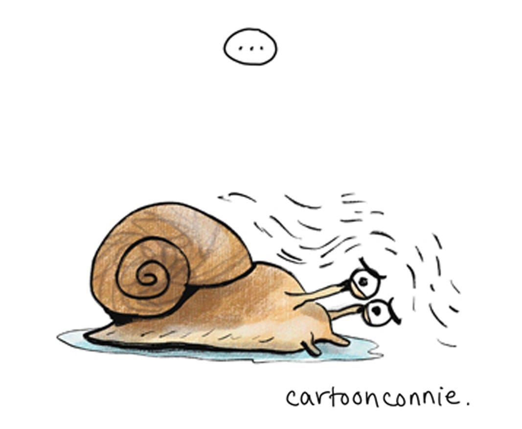 Panel 5 of a 6-panel autobio comic strip about the challenges of writing a book and how long and arduous the process can be. Titled "A Snail's Pace," 2026. Original art by Connie Sun, cartoonconnie.