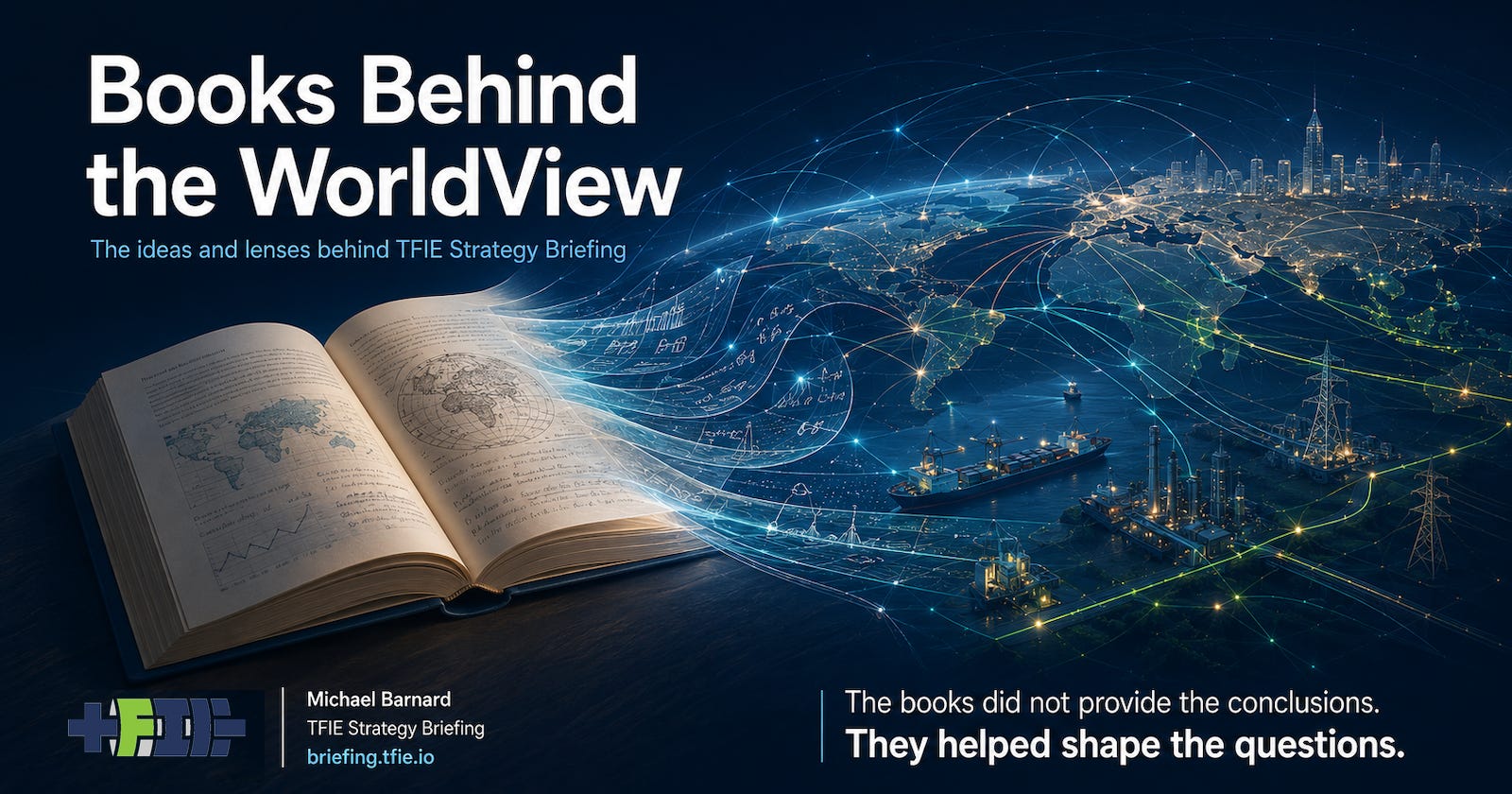Open book becomes global energy, trade, grid and industrial networks behind TFIE WorldView analysis.