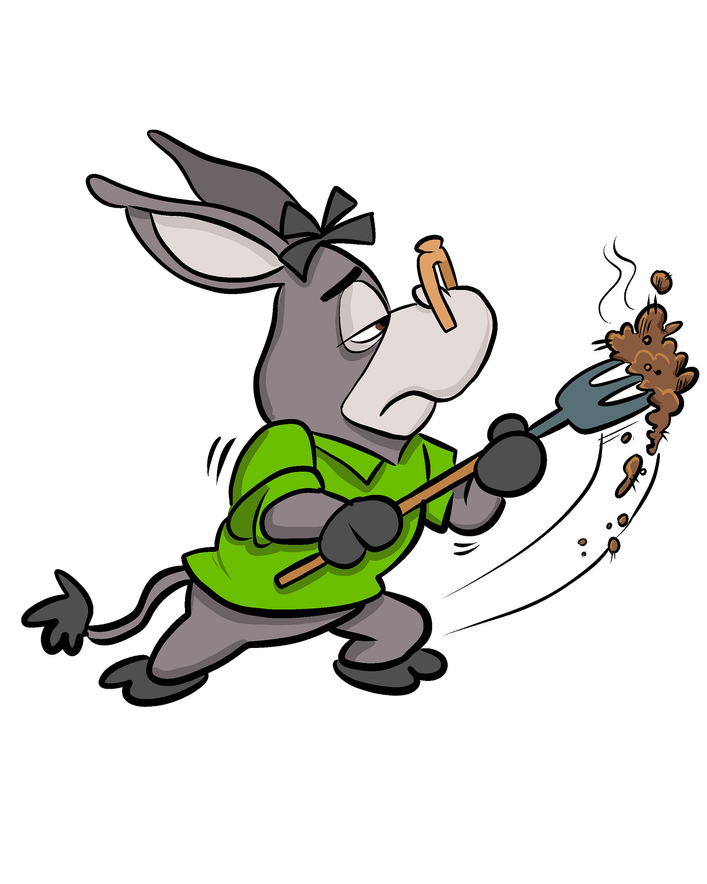 Hoté the donkey pitching manure. Hoté the donkey pitching manure.