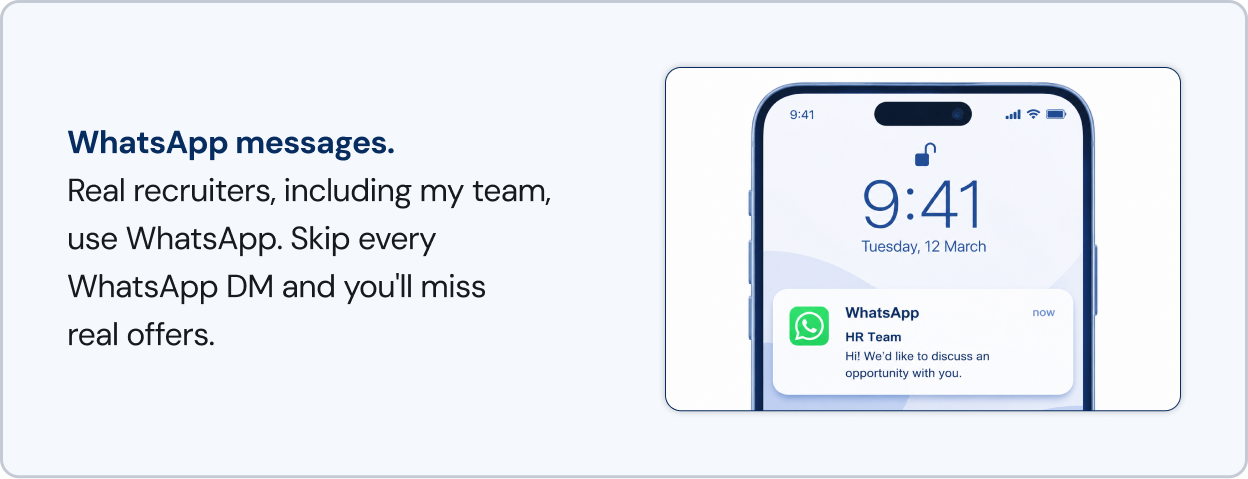 Graphic showing a WhatsApp notification from a recruiter on a phone lock screen