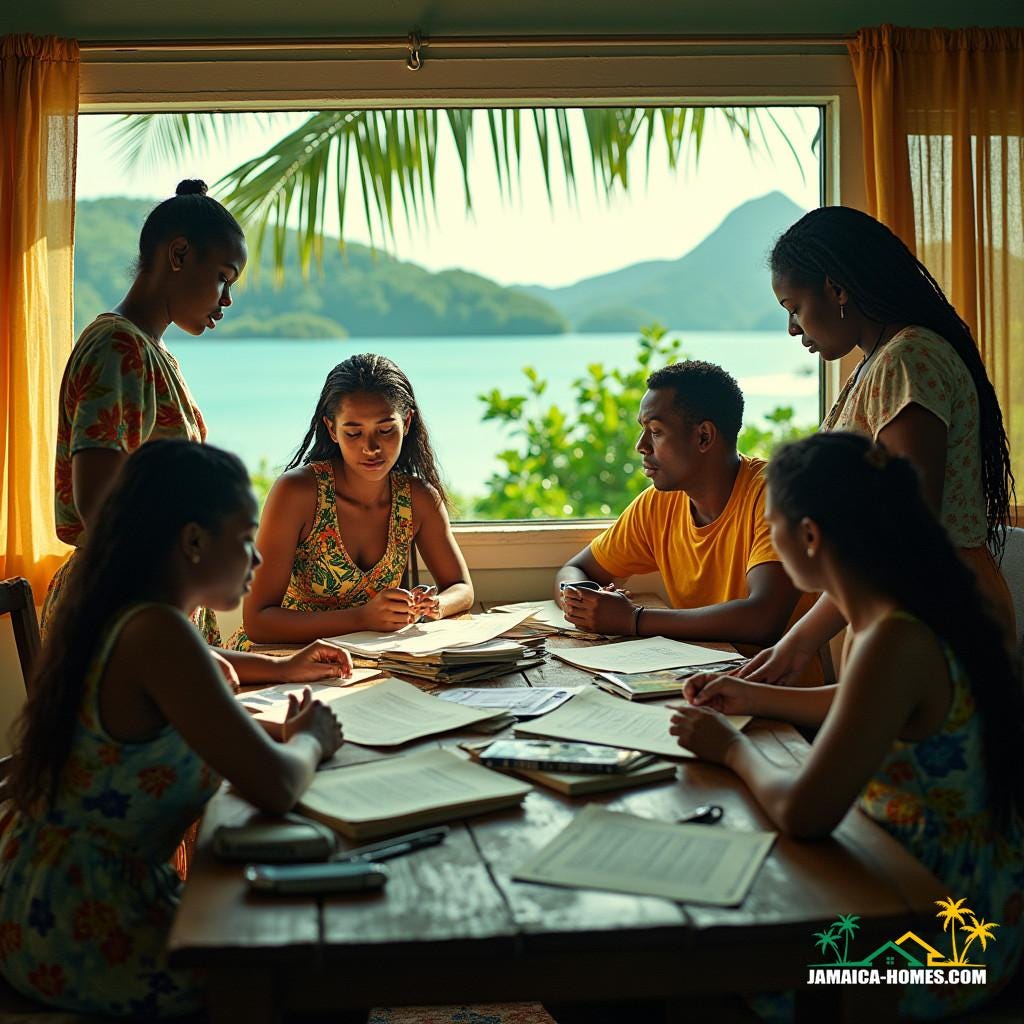 A Jamaican family, clad in vibrant, tropical attire, gathered around a cluttered, worn wooden table, surrounded by stacks of documents and financial papers, their faces etched with worry and frustration, as they struggle to navigate the complexities of purchasing a home amidst mental incapacity, set against a backdrop of lush, emerald green hills and turquoise seas, evoking the works of cinematographer Roger Deakins, with warm, golden lighting and deep shadows, reminiscent of a 35mm film, shot on a V-Raptor XL, with subtle film grain, a hint of vignette, and a rich, cinematic color palette, graded to evoke a sense of melancholic longing, post-processed to enhance the atmospheric, live-action feel, resulting in a stunning, dramatic, and epic still, worthy of a cinematic masterpiece. A Jamaican family, clad in vibrant, tropical attire, gathered around a cluttered, worn wooden table, surrounded by stacks of documents and financial papers, their faces etched with worry and frustration, as they struggle to navigate the complexities of purchasing a home amidst mental incapacity, set against a backdrop of lush, emerald green hills and turquoise seas, evoking the works of cinematographer Roger Deakins, with warm, golden lighting and deep shadows, reminiscent of a 35mm film, shot on a V-Raptor XL, with subtle film grain, a hint of vignette, and a rich, cinematic color palette, graded to evoke a sense of melancholic longing, post-processed to enhance the atmospheric, live-action feel, resulting in a stunning, dramatic, and epic still, worthy of a cinematic masterpiece.