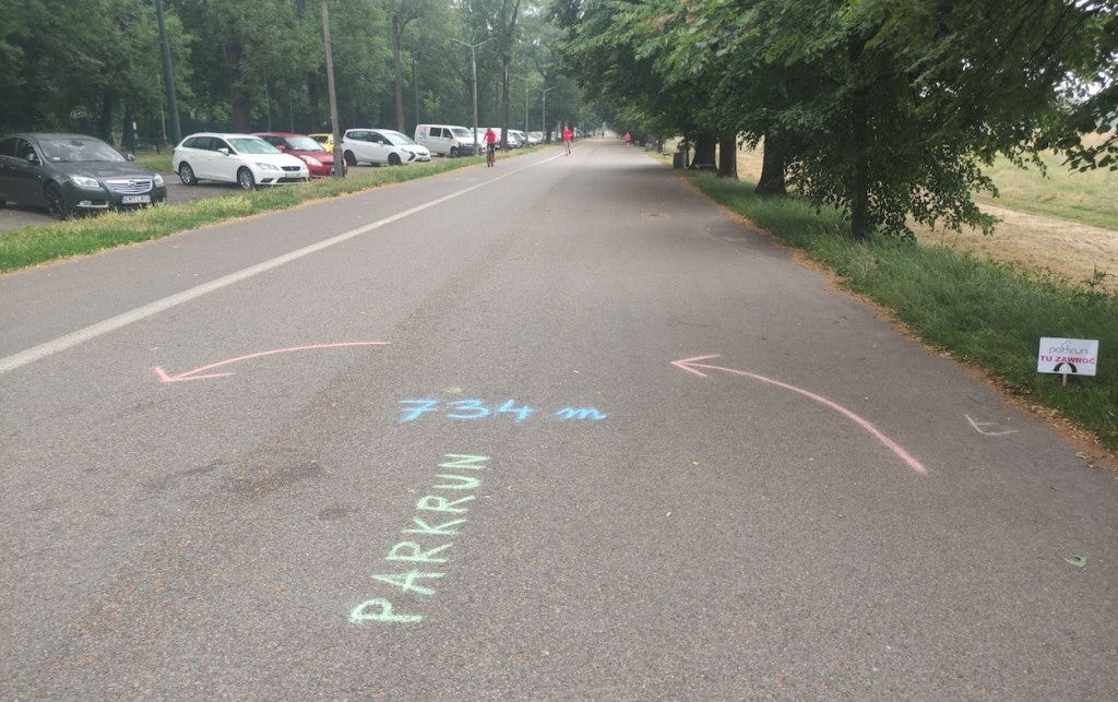 Chalk marks on the ground to show where to make the first turn.