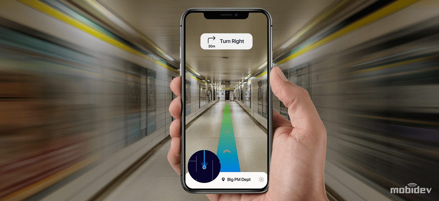 Hand holding the phone, displaying an indoor virtual reality app with the direction highlighted and the text saying "Turn right"