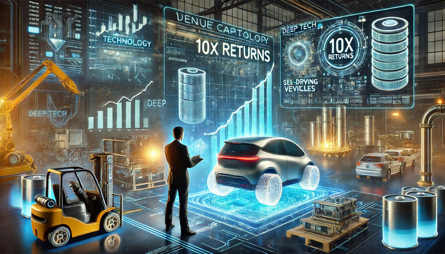 A cutting-edge, futuristic image illustrating deep tech investing opportunities. The scene features a venture capitalist analyzing data on a holographic screen, highlighting investments in battery technology, self-driving vehicles, and AI-powered factories. A glowing digital playbook with '10x Returns' is prominently displayed. The background showcases a high-tech factory with robotic automation, an electric vehicle in production, and stock market graphs signaling growth. The atmosphere is electrifying, with blue and gold tones symbolizing innovation and financial opportunity.