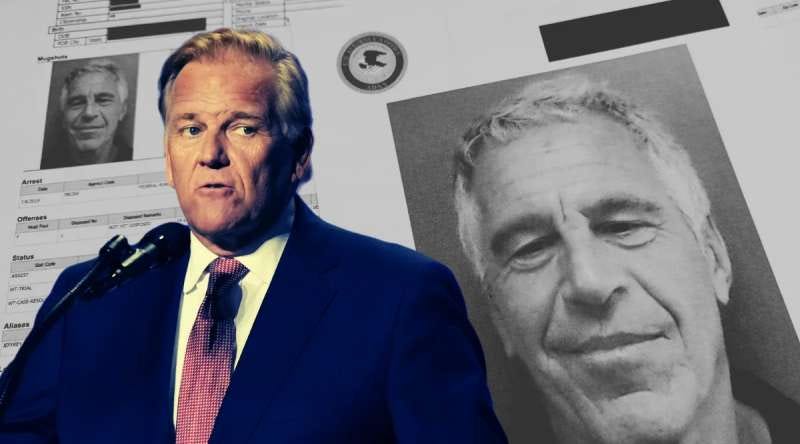 Mike Rogers speaks at a podium beside a photo of Jeffrey Epstein. Mike Rogers speaks at a podium beside a photo of Jeffrey Epstein.