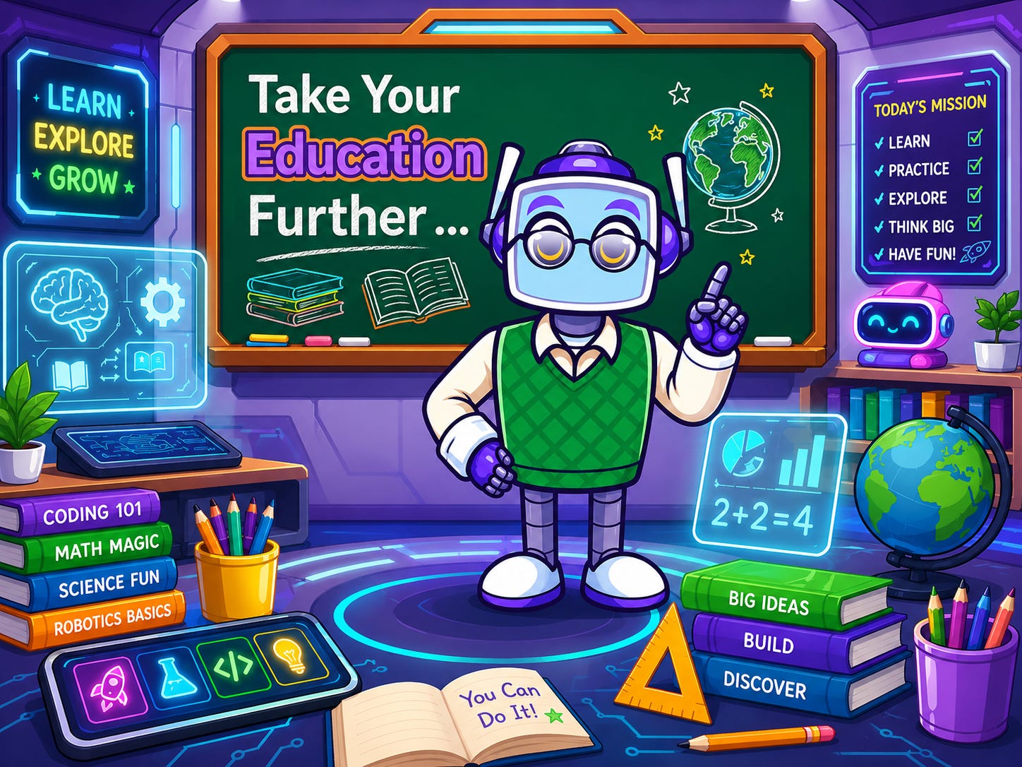 Colorful cartoon robot teacher in a futuristic classroom, pointing beside a chalkboard that says “Take Your Education Further,” surrounded by books, learning tools, neon signs, and STEM-themed educational props. Colorful cartoon robot teacher in a futuristic classroom, pointing beside a chalkboard that says “Take Your Education Further,” surrounded by books, learning tools, neon signs, and STEM-themed educational props.