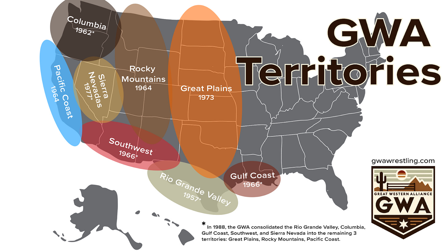 A map of the Western U.S. displaying the fictional Great Western Wrestling Alliance territories. The territories, shown as colored regions, are: Rio Grande Valley (1957), Columbia (1962), Pacific Coast (1964), Rocky Mountains (1964), Southwest (1966), Gulf Coast (1966), Great Plains (1973), and Sierra Nevadas (1977). The GWA logo is in the top right. A note explains that in 1988, five territories were consolidated into the remaining three: Great Plains, Rocky Mountains, and Pacific Coast.