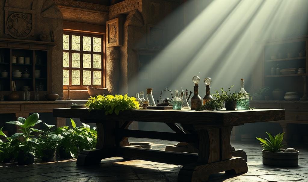 a heavy wooden table with a row of green leafy plants along one edge against a wall beneath windows in a laboratory inside an ancient neolithic temple structure, on the table are scientific experiment dishes, flasks and a pair of oil lamps