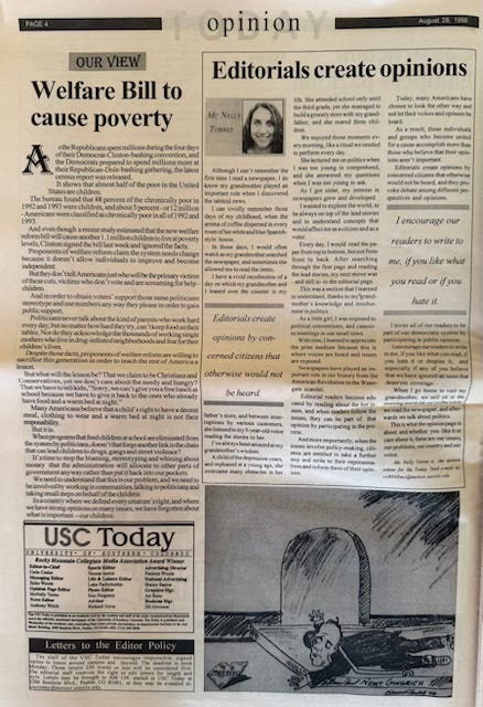 Mc Nelly Torres (left) as a student attending the University of Southern Colorado. She held several positions at the student newspaper, USC Today, including staff writer photo editor, and opinion editor until she graduated December, 1996. Click on image to read an assorted of stories. (Mc Nelly Torres | Don't Forget My Voice)