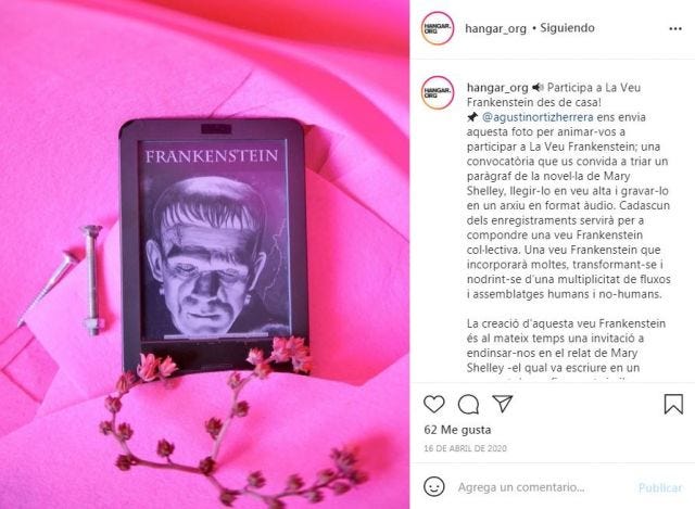 Captura del instagram de Hangar sobre la convocatoria. Hay un ebook con la portada de Frankenstein sobre un fondo rosa con dos tornillos.