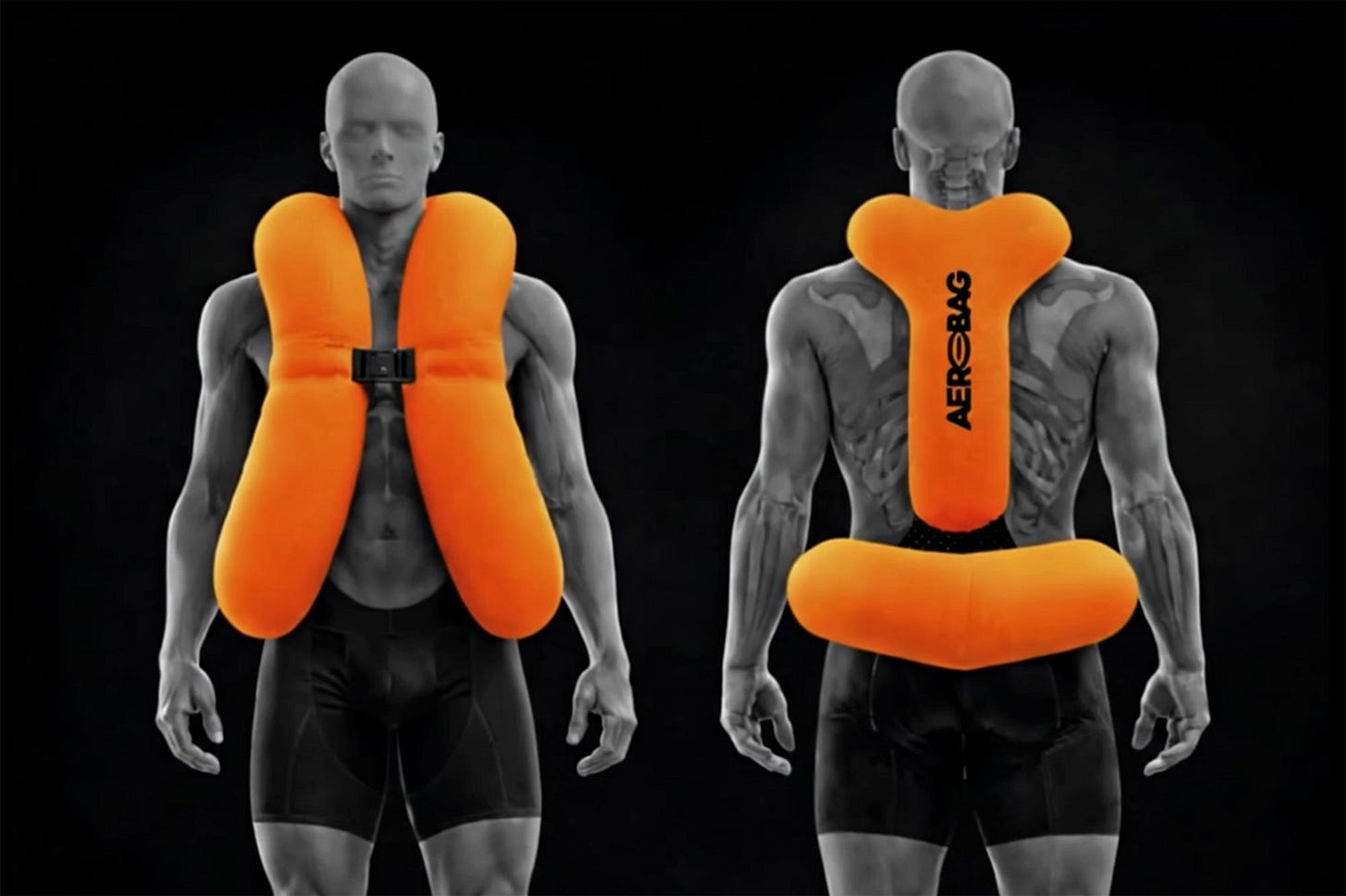 Aerobag ultralight compact airbag for performance professional cyclists integrated into your favorite bib shorts, rendering