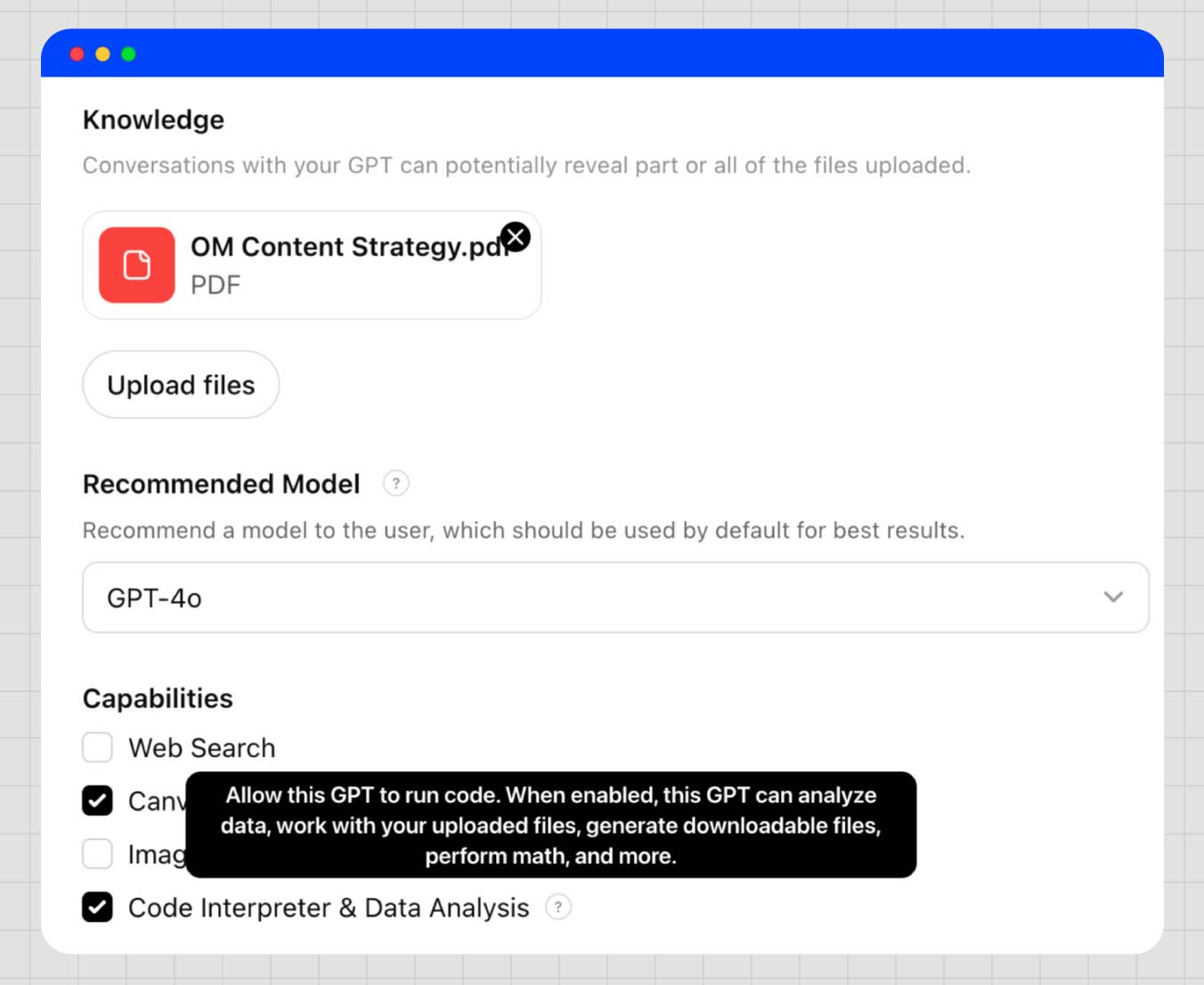 Example of uploading a content strategy PDF to train a CustomGPT on how to turn transcripts into content strategy.