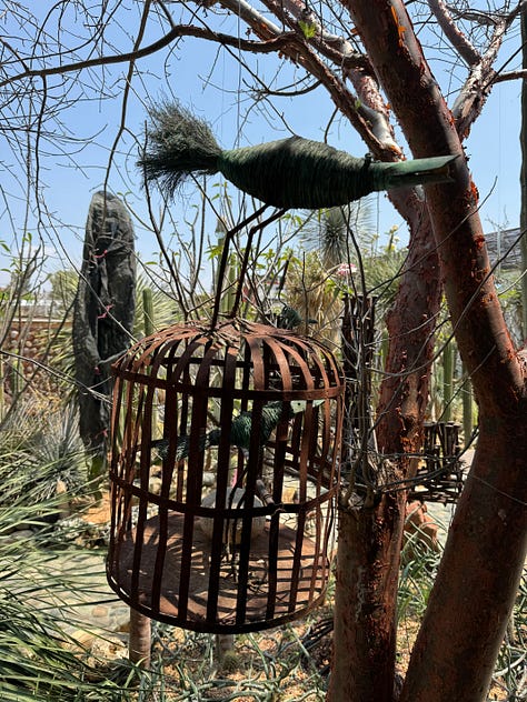 Nine images of sculpture placed within the cactus garden Vives Verde.