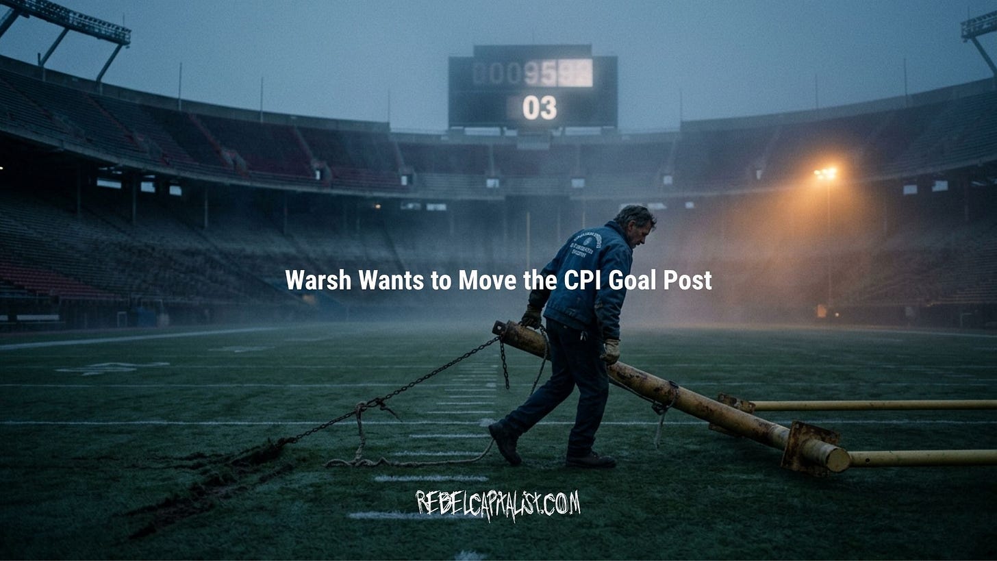 Worker dragging goalpost across football stadium field representing CPI inflation target adjustment