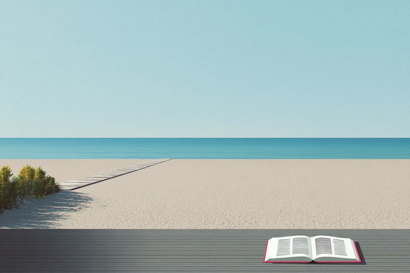 an open book lying on a table on a beach