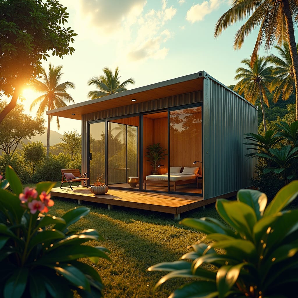 ozy one-bedroom container home nestled in a lush Jamaican landscape, surrounded by vibrant tropical foliage, warm golden light casting a serene ambiance